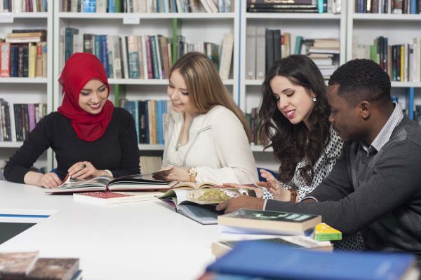 Group of mixed-race students studying